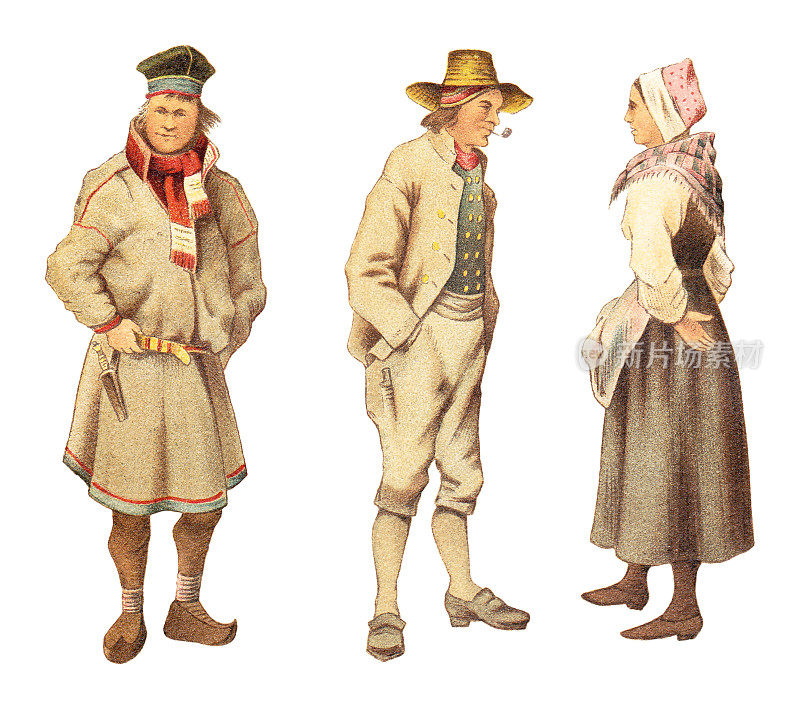 历史服装-男人从挪威- Troms og Finnmark(左)和渔夫和女人从卑尔根-挪威(右)-复古色彩插图